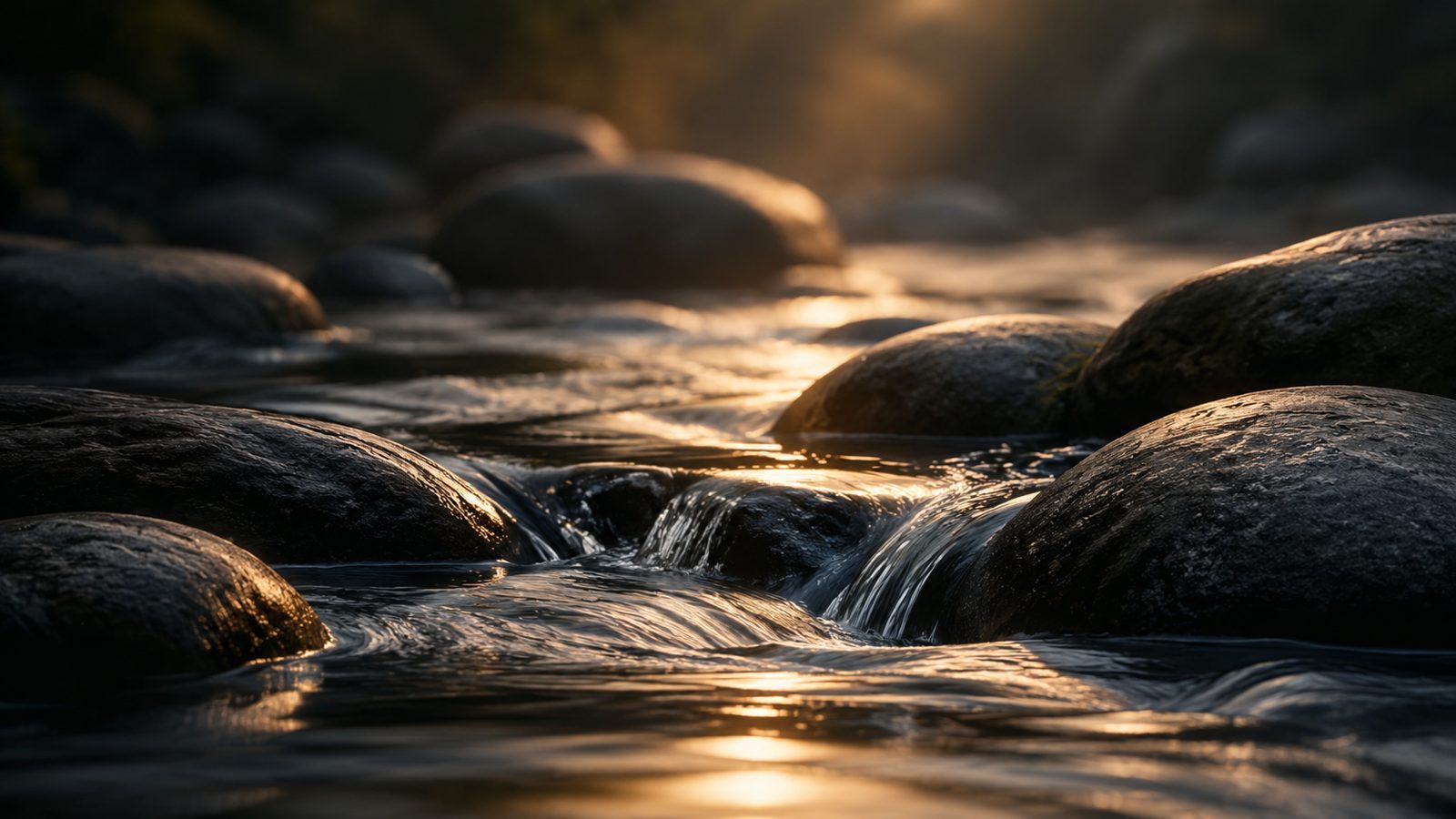 Klares Wasser fließt im goldenen Abendlicht um runde, dunkle Steine